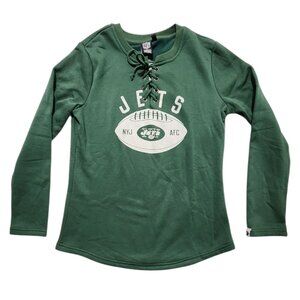 New York Jets Sweatshirt Women's Medium Green NFL Team Apparel V Neck Drawstring